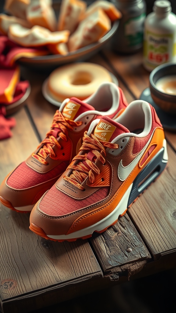 Bacon-themed Nike Air Max 90 sneakers laid on a wooden surface.